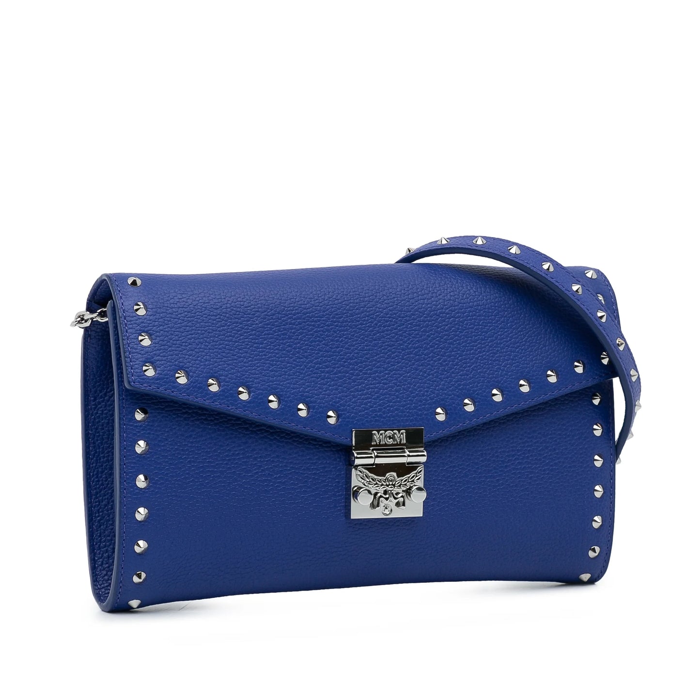 Pre-Owned Authenticated MCM Sizetudded Patricia Wallet on Chain Calf Leather Blue Crossbody Bag Unisex (Good)