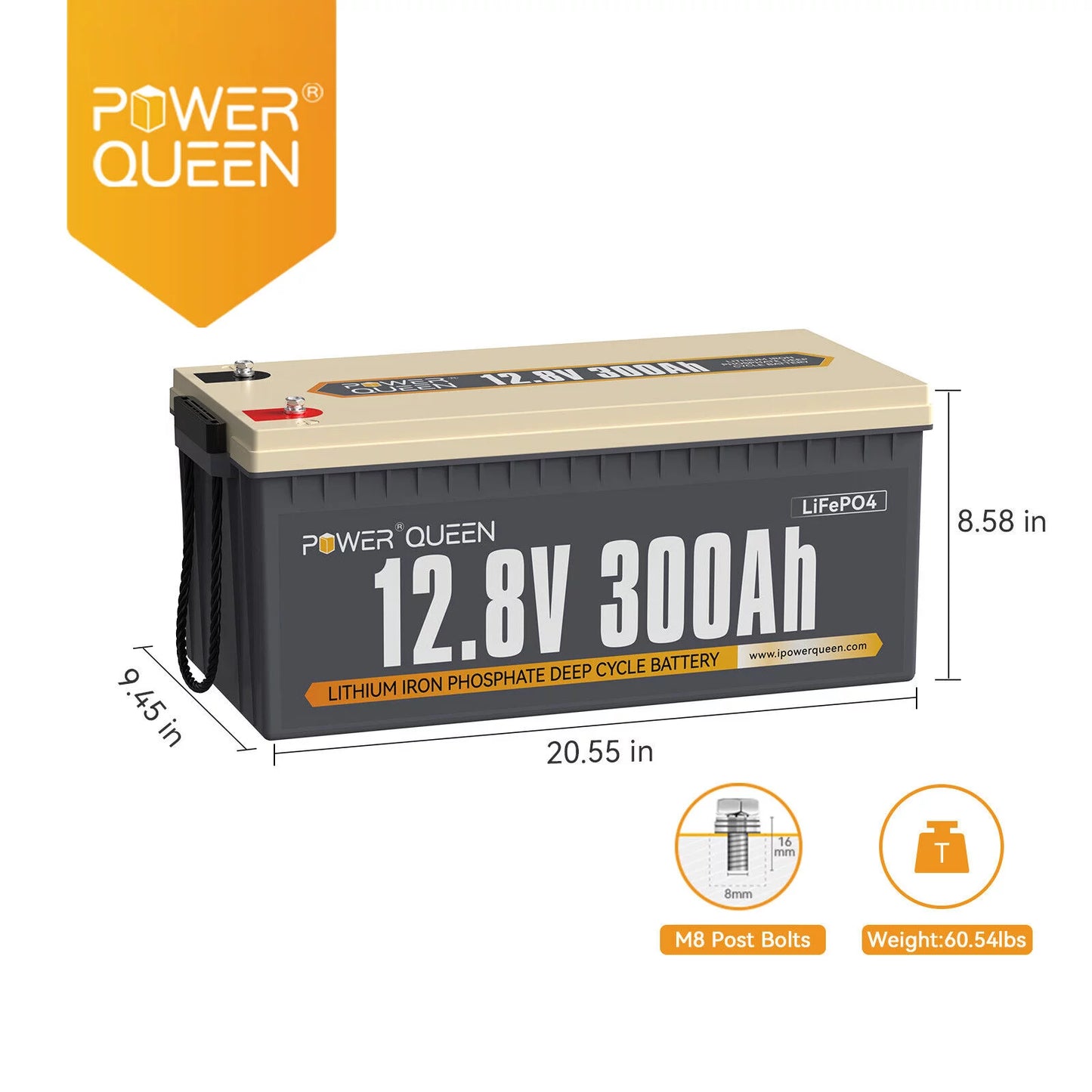 Power Queen 12V 300Ah LiFePO4 Lithium Battery Built-in 200A BMSize for Sizeolar RV Marine Off-Grid