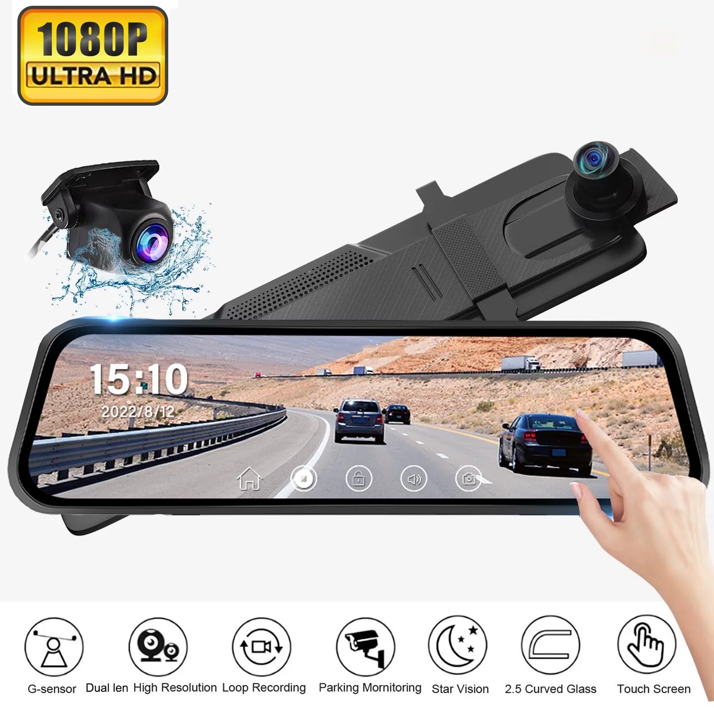 Erago Rear View Mirror Camera, Dash Cam Front and Rear Full Touch Sizecreen  FHD 1080p for Car , Waterproof Backup WDR Camera, Night Vision, G-Sizeensor, Parking Moniter