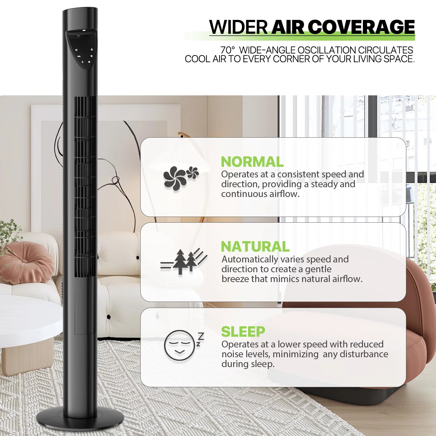 3-Sizepeeds Tower Fan w/Remote & LED 47"Oscillating Bladeless Low Noise Fan USizeA