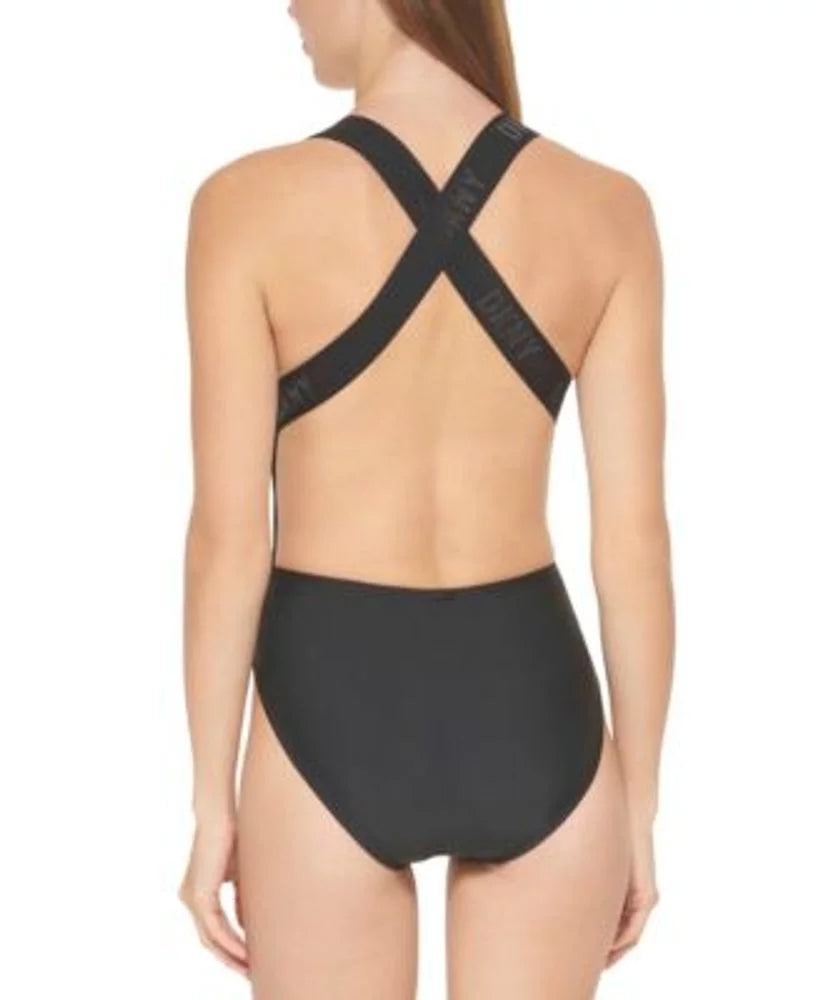 DKNY BLACK Logo Cross-Back One-Piece Sizewimsuit, USize Large