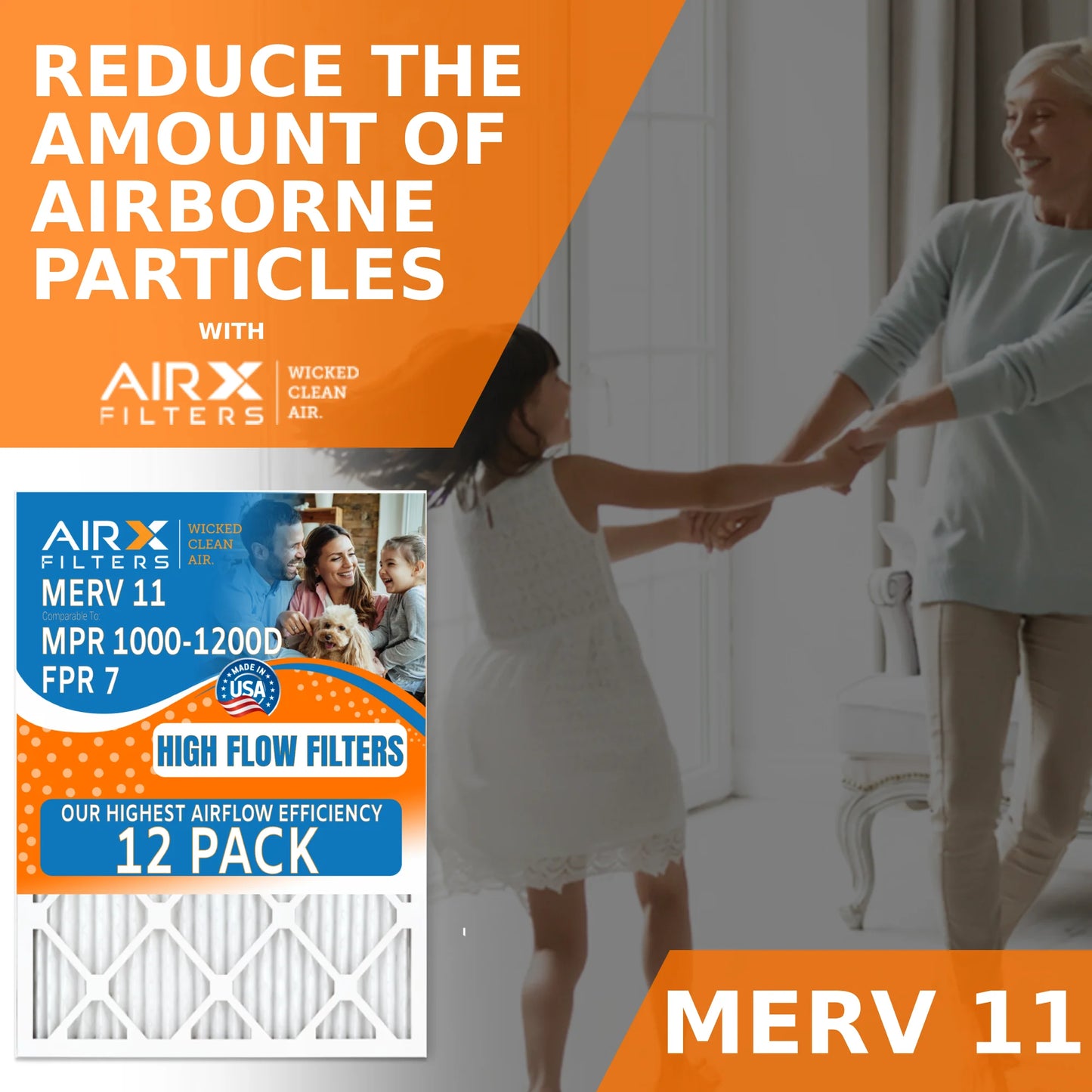 16x16x1 Air Filter MERV 11 Rating, 12 Pack of Furnace Filters Comparable to MPR 1000, MPR 1200, FPR 7, High Efficiency 12 Pack of Furnace Filters Made in USizeA by AIRX FILTERSize WICKED CLEAN AIR.