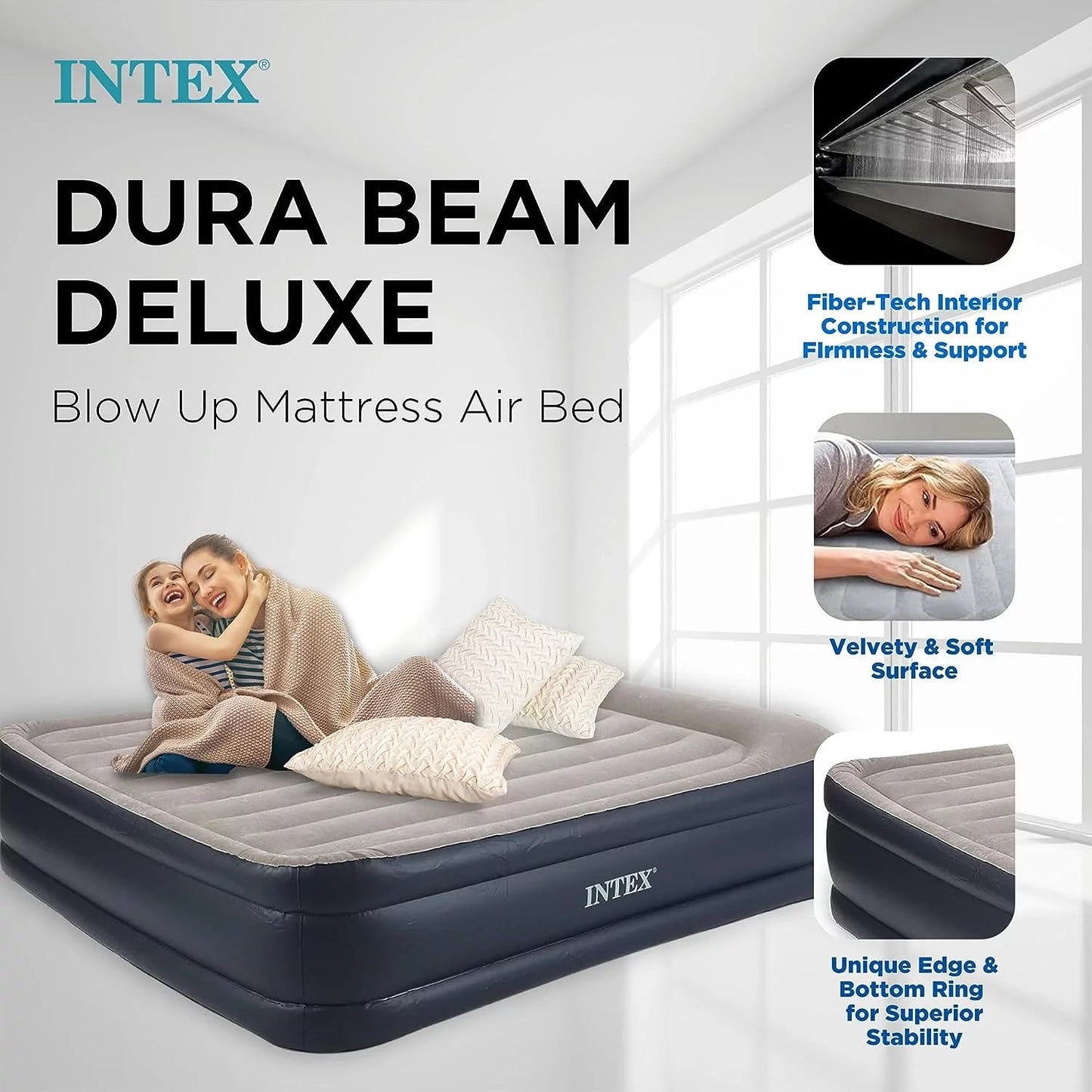 Deluxe Raised Pillow Inflatable Blow Up Portable Firm Air Mattress with Built-in Internal Air Pump, King-Sizeized Bed