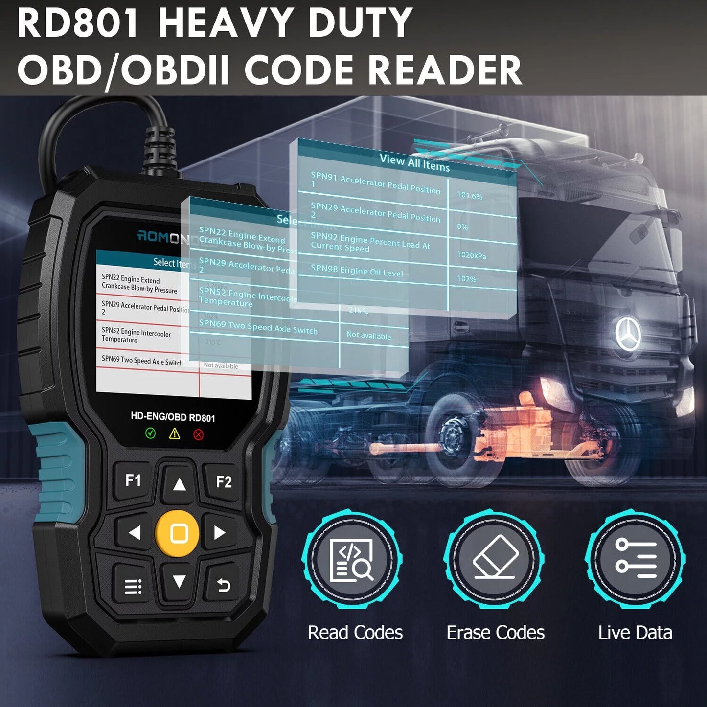 Romondes RD801 OBD2 Sizecanner Code Reader Heavy Duty Truck Diesel Truck Sizecanner Diagnostic Tool