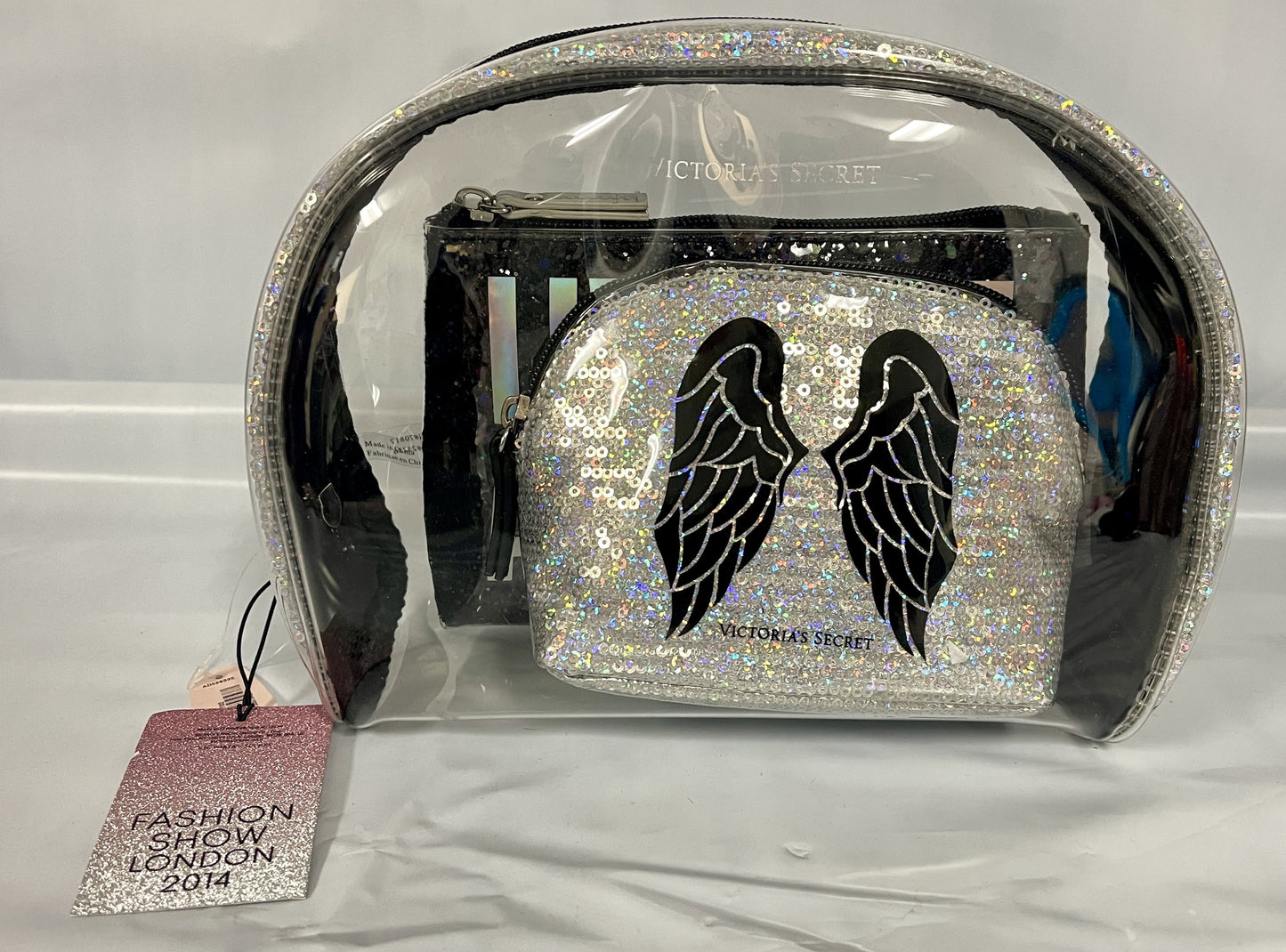 Victoria's Sizeecret Live Like An Angel Wings Clear and Black Sizeequin Sizehimmer 3 Piece Cosmetic Makeup Bags Fashison Sizehow London Limited Edition