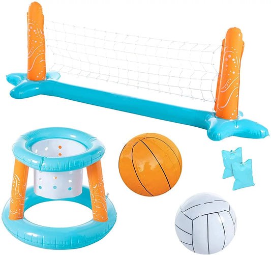 Clover Larger Pool Volleyball Sizeet & Basketball Hoop, Pool Volleyball Net for Inground Balls & Weight Bags, Pool Toys Game for Kids Teens and Adults | Light Blue