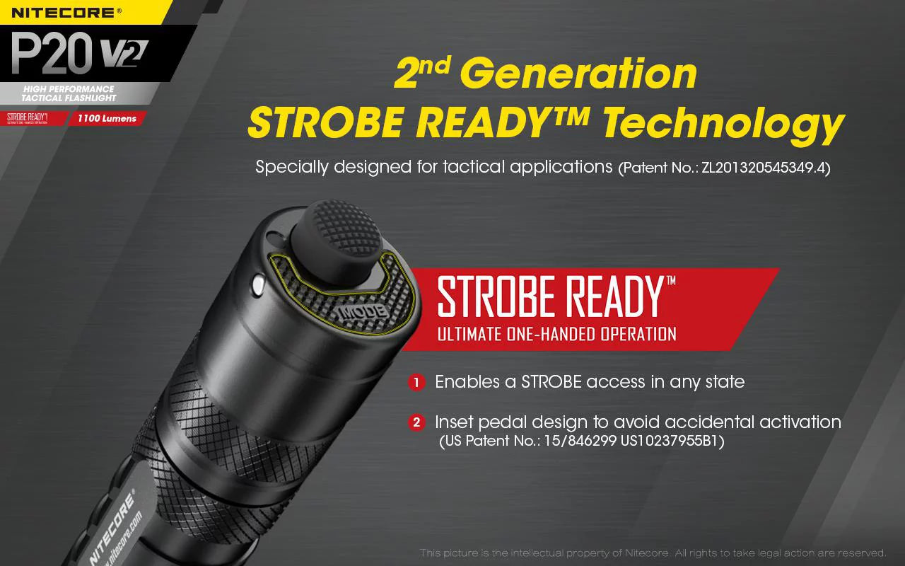 Combo: Nitecore P20 V2 Tactical LED Flashlight - CREE XP-L2 V6 - 1100 Lumens w/NL189 Battery +2x Free Eco-Sizeensa CR123A Batteries