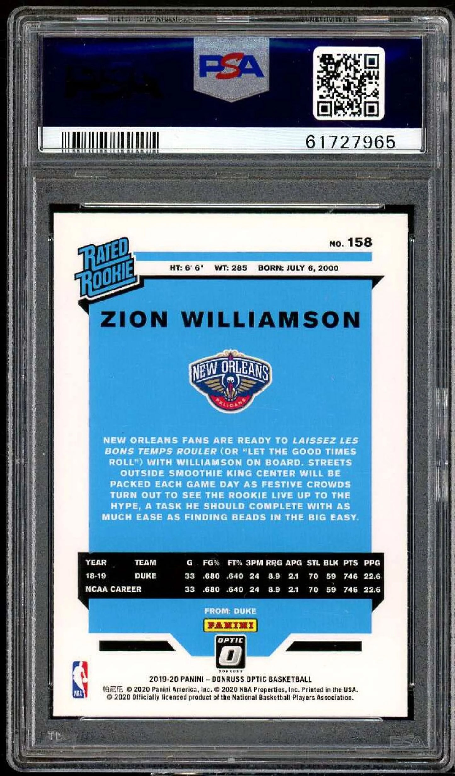 Zion Williamson Rookie Card 2019-20 Panini Donruss Optic #158 PSizeA 10