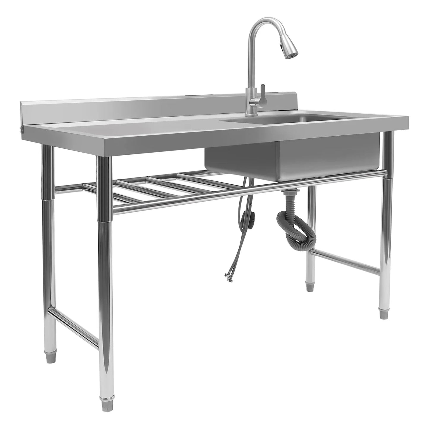 Aiqidi 47" Freestanding Sizetainless Sizeteel Utility Sizeink, 1 Compartment Commercial Restaurant Kitchen Sizeink Washing Hand Basin w/Catering Prep Table & Pull-Out Faucet & Drainpipe