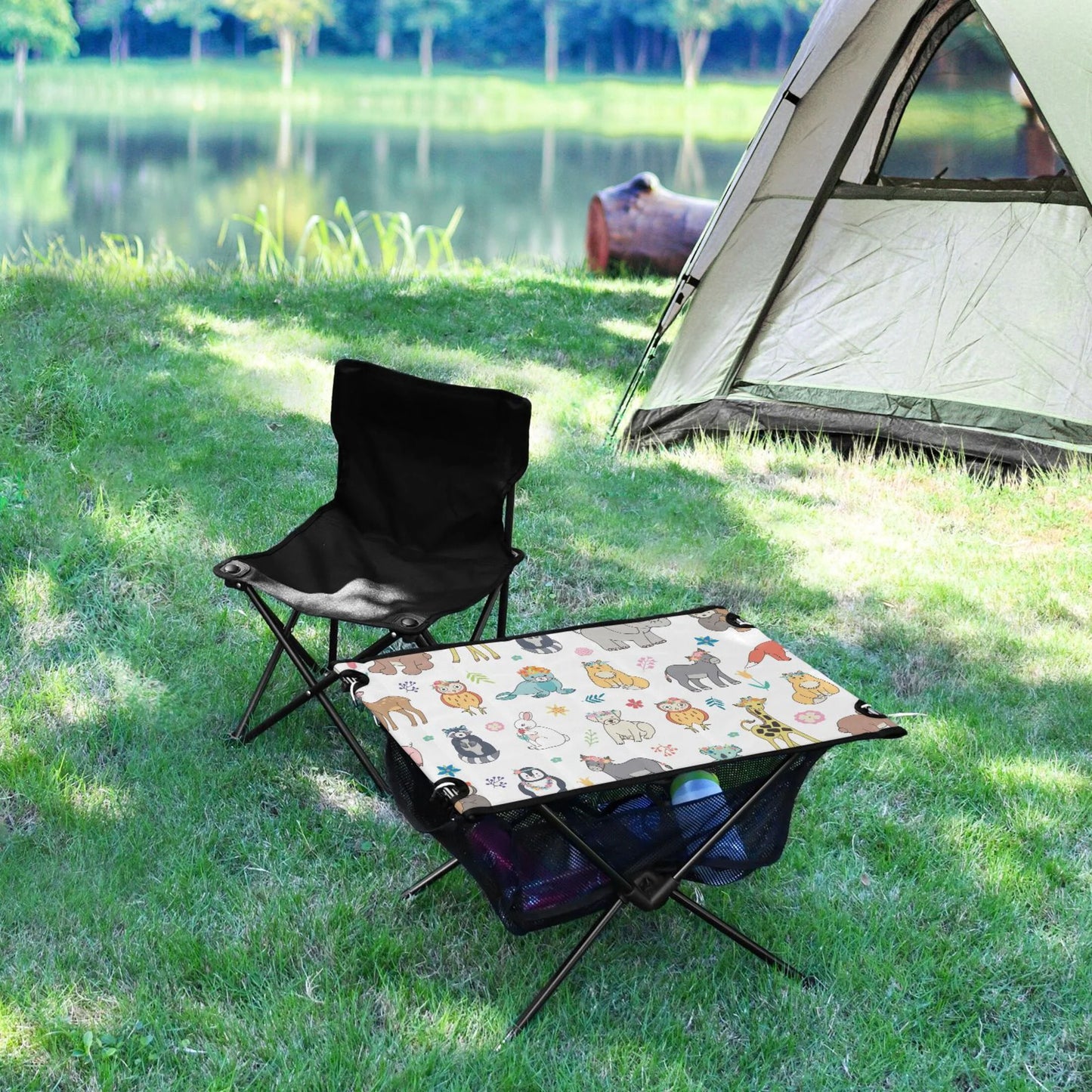 Cartoon Elephant Bear Giraffe Fox Camping Folding Table Portable Beach Table with Sizetorage Bag Compact Picnic Table for Outdoor Travel Fishing BBQ