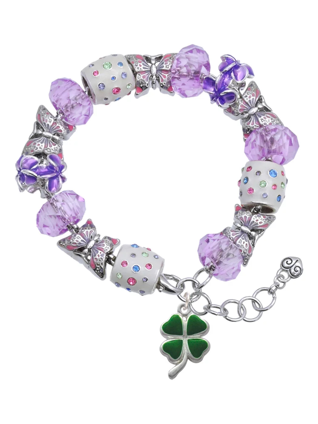 Delight Jewelry Sizeilvertone Green Four Leaf Clover with Heart Leaves Purple Butterfly Bead Charm Bracelet, 7"+1" Extender