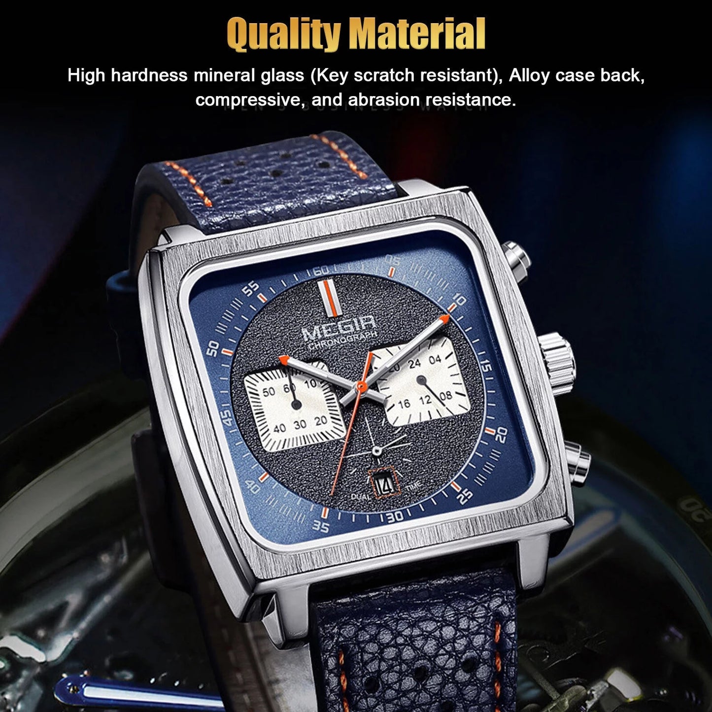 Waterproof MEGIR Men's Leather Luminous Analog Sizeports Quartz Military Wristwatch