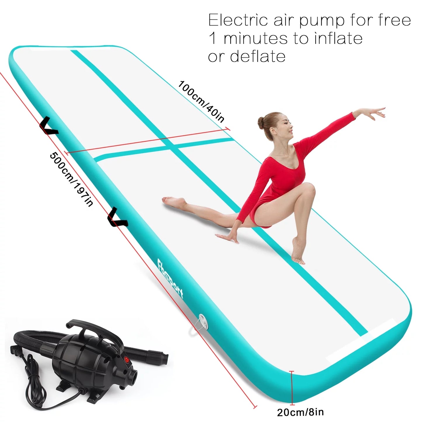 Fbsport 5M*1M*0.2M air Track Tumbling mat Inflatable Gymnastics airtrack with Electric Air Pump for Practice Gymnastics, Tumbling,Parkour, Home Floor