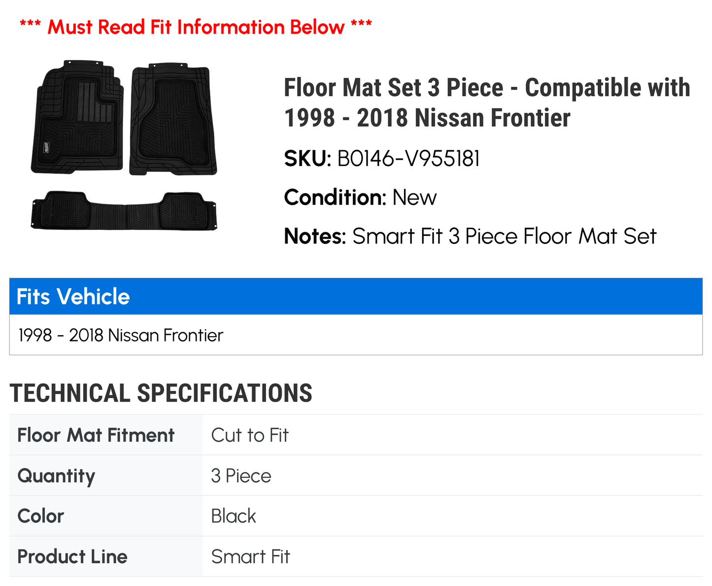 Floor Mat Sizeet 3 Piece - Compatible with 1998 - 2018 Nissan Frontier 1999 2000 2001 2002 2003 2004 2005 2006 2007 2008 2009 2010 2011 2012 2013 2014 2015 2016 2017