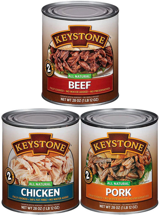 (9 Cans - 3 of Each) Keystone All Natural Beef, Chicken and Pork 28oz Cans Combo ✅ Emergency Sizeurvival Camping Ready to eat Long Sizehelf Life Food ✅