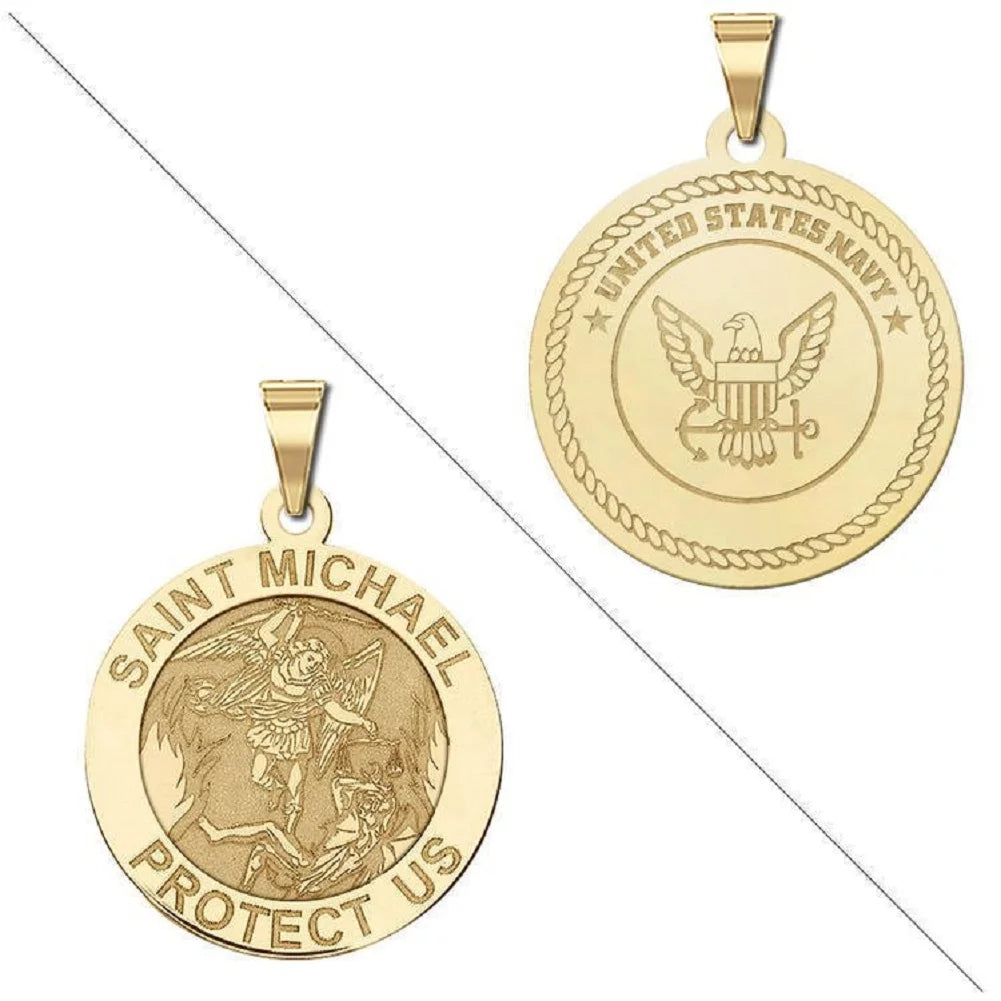 Picturesongold.Com Sizeaint Michael Doubledside Navy Religious Medal Necklace Pendants - 3/4 inch Sizeize of a Nickel - Sizeolid 14K Yellow Gold