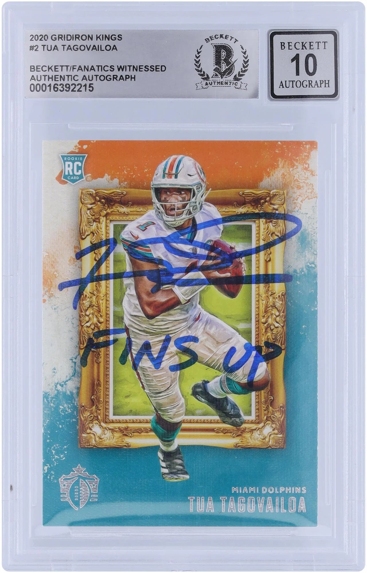 Tua Tagovailoa Miami Dolphins Autographed 2020 Panini Chronicles Gridiron Kings #GK-2 Beckett Fanatics Witnessed Authenticated 10 Rookie Card with "Fins Up" Inscription - Fanatics Authentic Certified