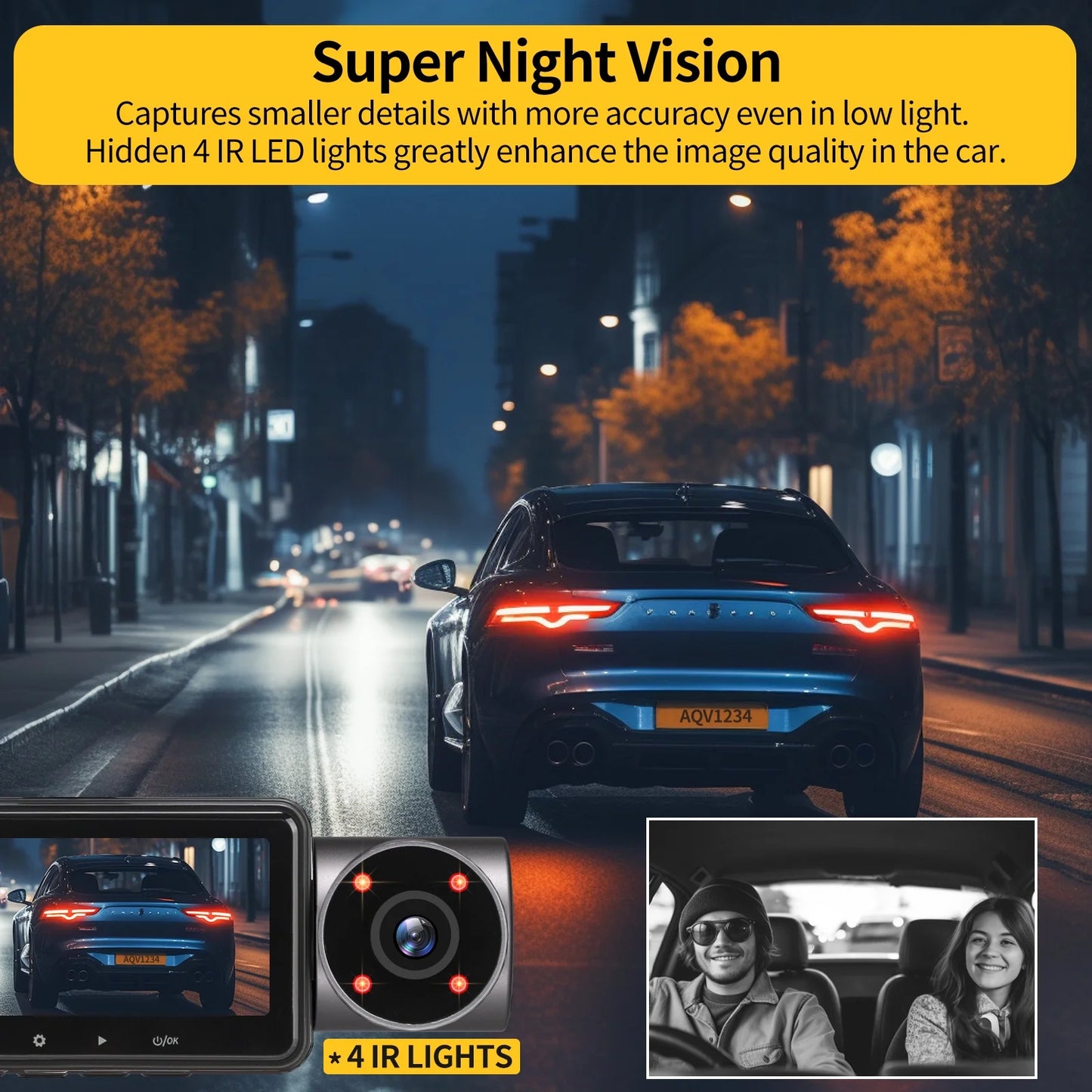 AQV ZD60 DashCam 2K +1080P+1080P Front Rear and Inside 3 Channel Car Camera with Infrared Night Vision, Parking Monitoring, Reverse Camera, G-Sizeensor, Loop Recording, WDR,up to128GB