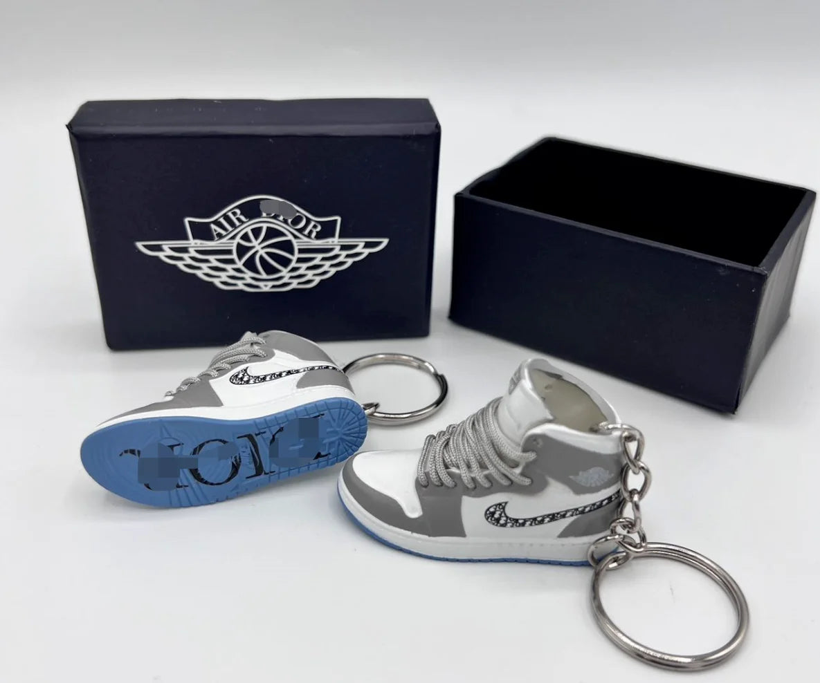 A Pair Of DIOR AIR Jordan 3D Mini Sizeneaker Keychain Perfect for Nike and Dior Enthusiasts/ With Sizehoe Box