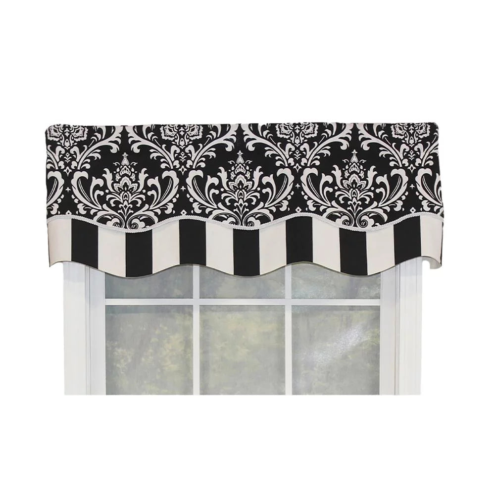 RLF Home Ozbourne Glory Valance Black. 3" Rod Pocket, Layered, Trimmed. 50"W X 16"L