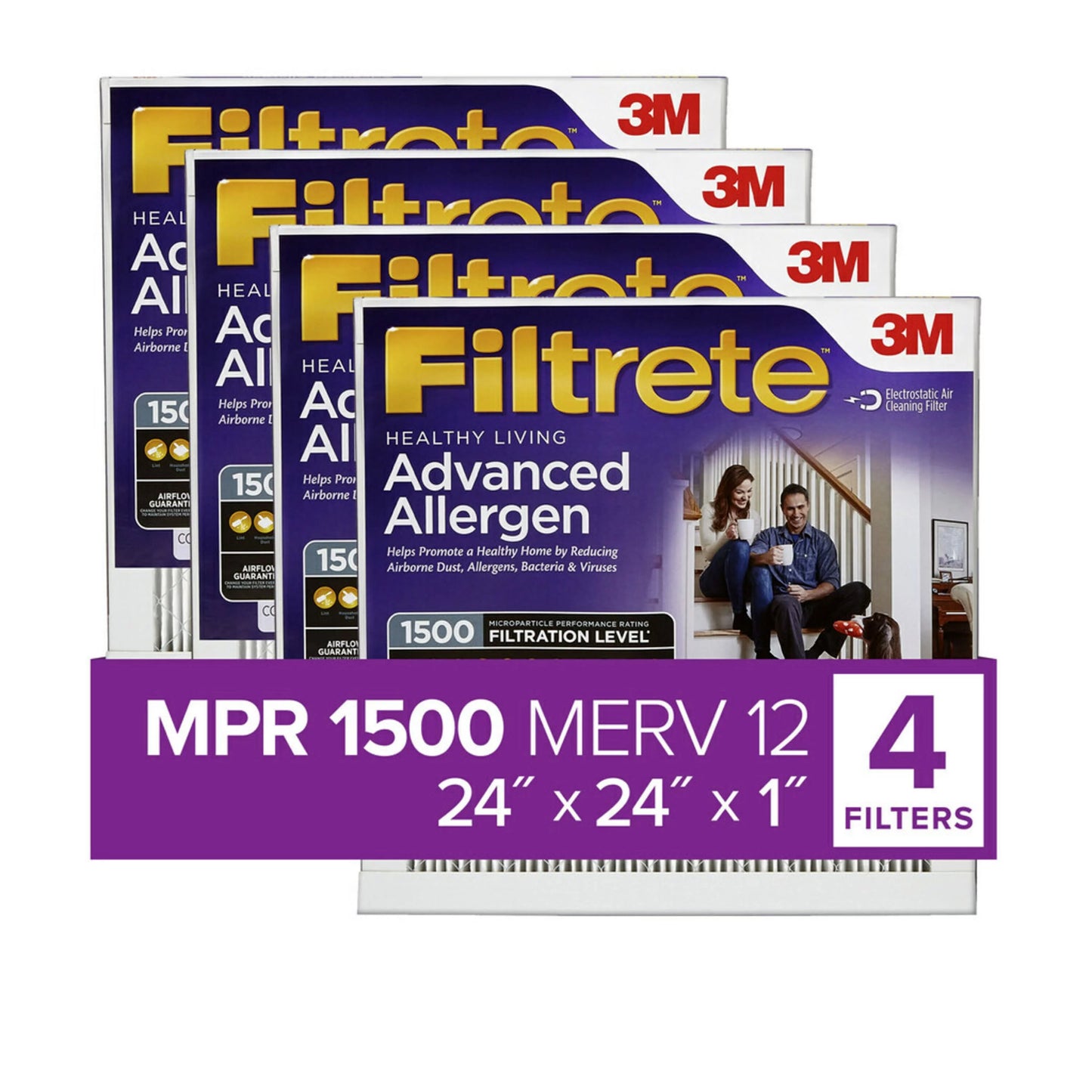 Filtrete 24x24x1 Air Filter, MPR 1500 MERV 12, Advanced Allergen Reduction, 4 Filters