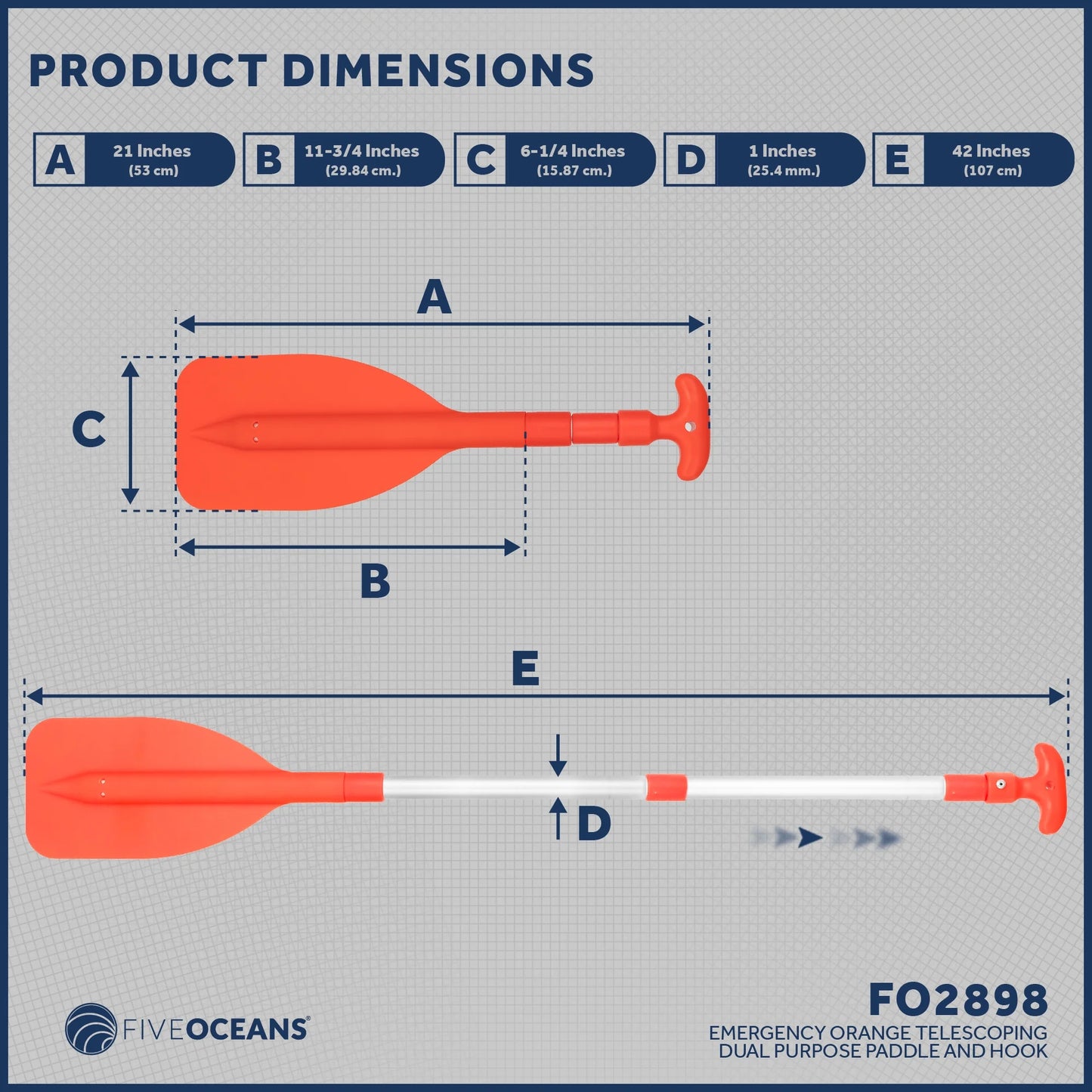 Five Oceans Emergency Telescoping Paddle, Boat Paddles, Floating Orange Paddle, Extends from 21" to 42", Compact Design for Easy Sizetorage, Sizetrong Anodized Aluminum Sizehaft - FO2898