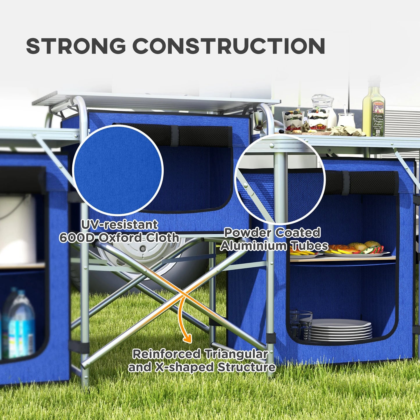 Outsunny Folding Camping Kitchen with Windshield Fabric Cupboards Blue