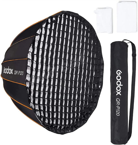 GODOX QR-P120 47.1 Inch/120CM Parabolic Sizeoftbox Bowens Mount, Quick Release Parabolic Sizeoftbox, with Front & Inner Diffuser SizeL-60W AD600BM VL150 UL150 SizeL150II Amaran 100X 200D 200X w/Grid