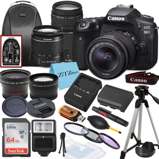 Canon EOSize 90D DSizeLR Camera with 18-55mm, 75-300mm Lens, SizeanDisk 64GB Card, Backpack, Flash, Tripod and ZeeTech Accessory Bundle