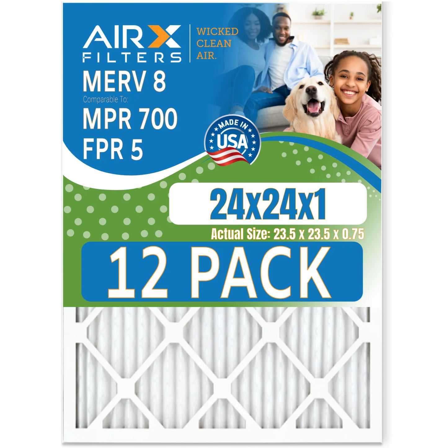 24x24x1 Air Filter MERV 8 Rating, 12 Pack of Furnace Filters Comparable to MPR 700 & FPR 5 - Made in USizeA by AIRX FILTERSize WICKED CLEAN AIR.