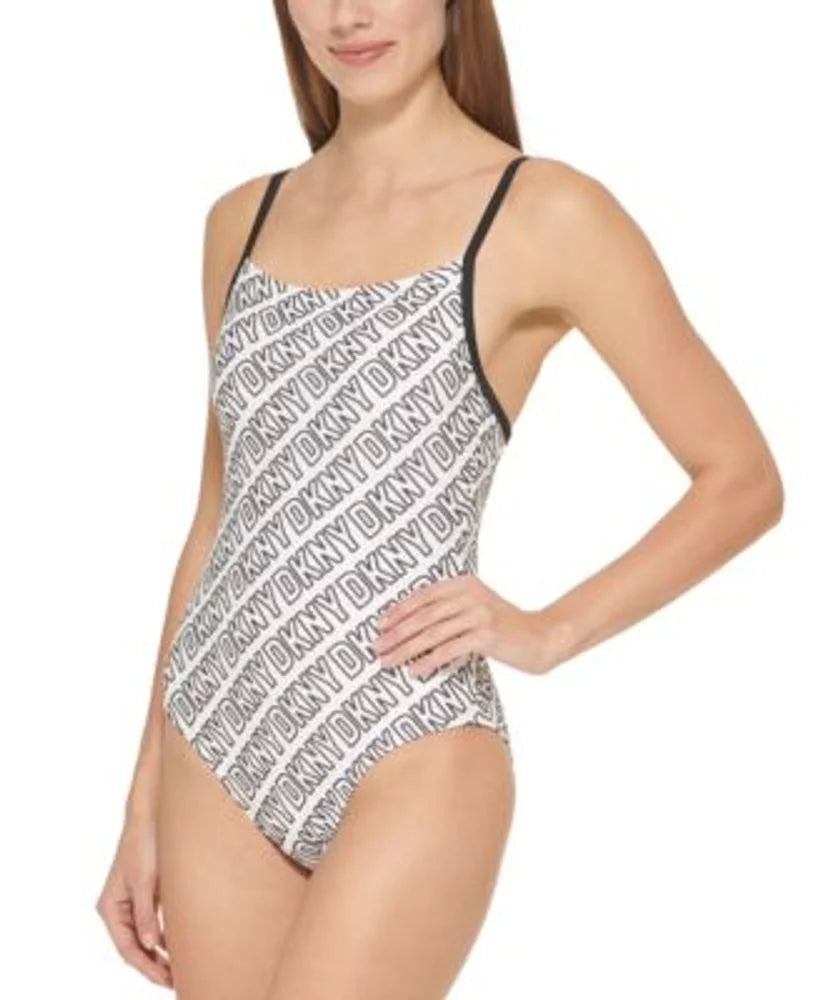 DKNY WHITE/BLACK Logo-Print One-Piece Sizewimsuit, USize Large