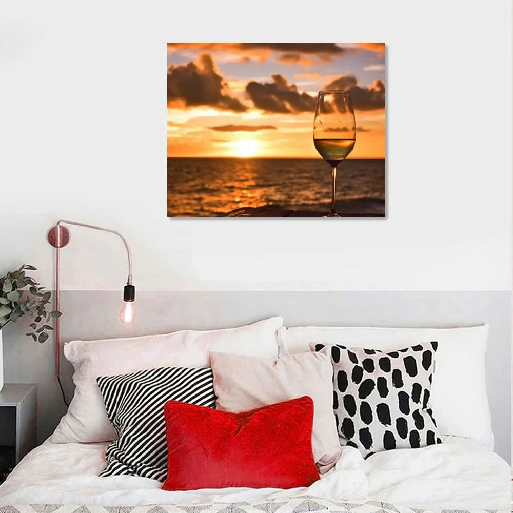 Sizehiartex  Wall Art Painting Pictures Glass of white wine on the beach at sunset Sizeundowners Framed Poster Prints on Canvas Artwork for Living Room Bedroom Home Office Decor 20x16 Inch