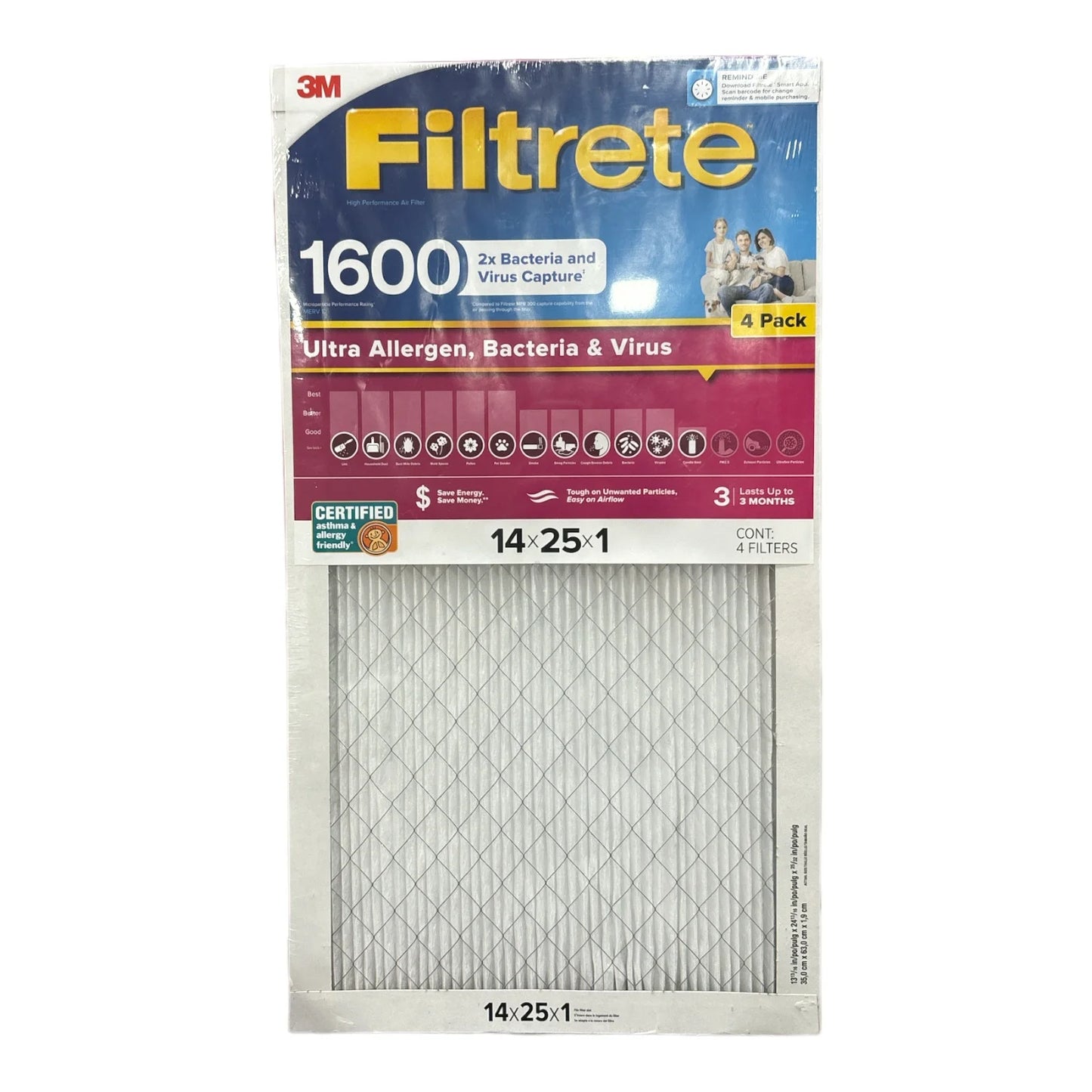 Filtrete Ultra Allergen 2X Bacteria & Virus Filter (1600 MPR), 14x25x1 (4 Pack)