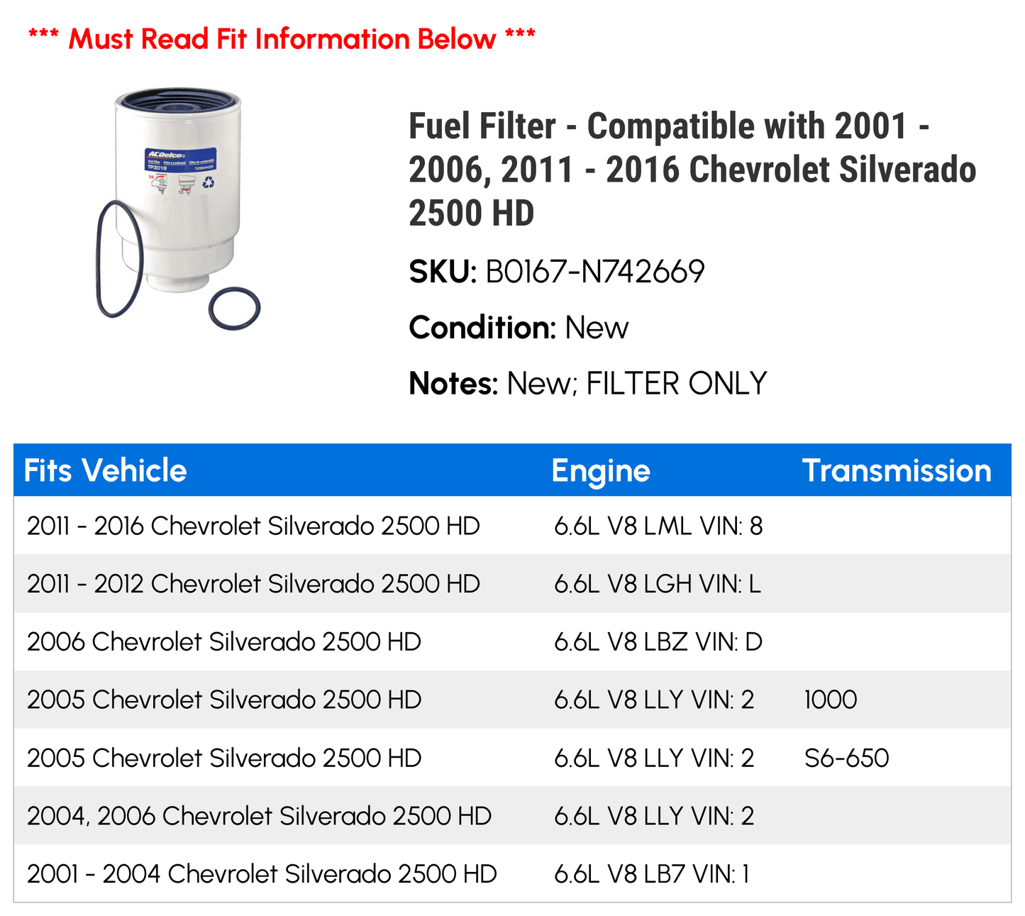 Fuel Filter - Compatible with 2001 - 2006, 2011 - 2016 Chevy Sizeilverado 2500 HD 2002 2003 2004 2005 2012 2013 2014 2015