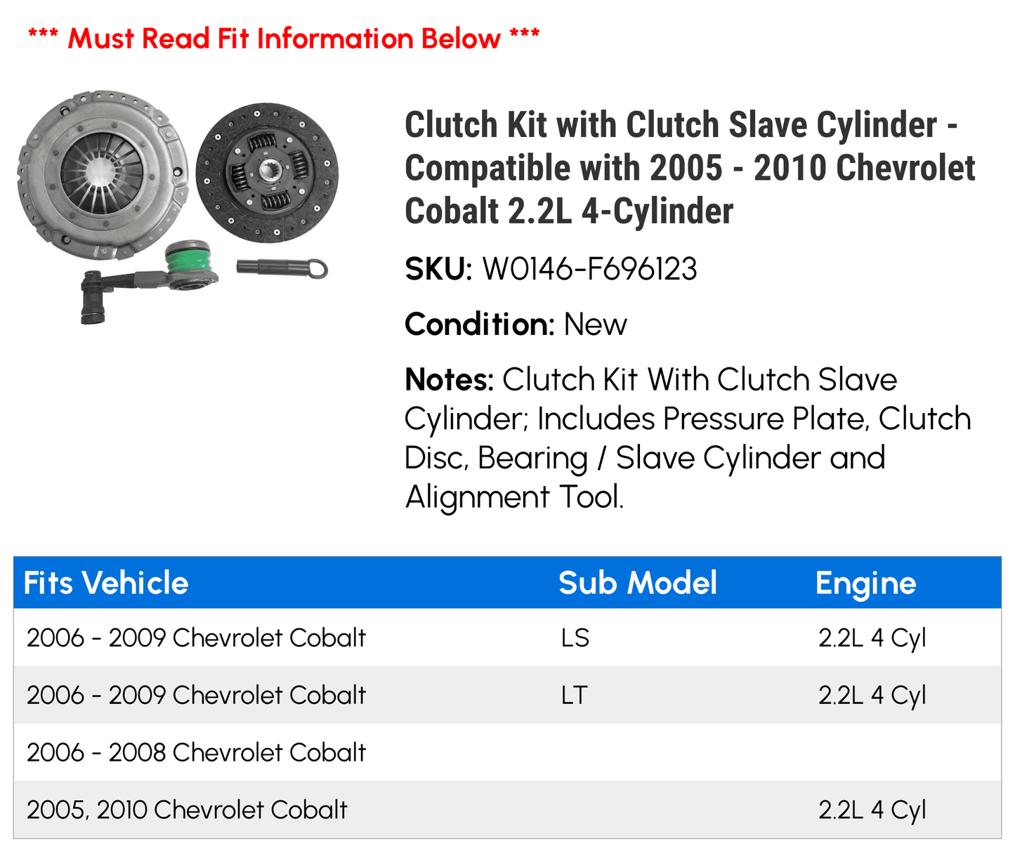 Clutch Kit with Clutch Cylinder - Compatible with 2005 - 2010 Chevy Cobalt 2.2L 4-Cylinder 2006 2007 2008 2009