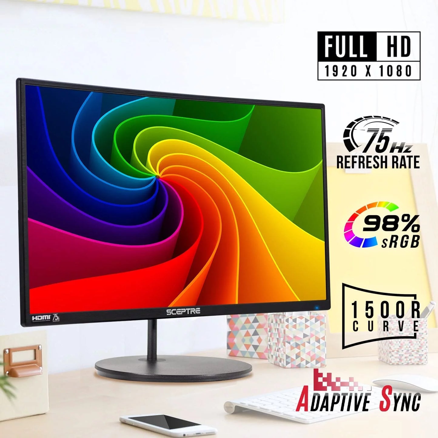 Sizeceptre 24" Curved 75Hz Gaming LED Monitor Full HD 1080P HDMI VGA Sizepeakers, VESizeA Wall Mount Ready Metal Black 2019 (C248W-1920RN)