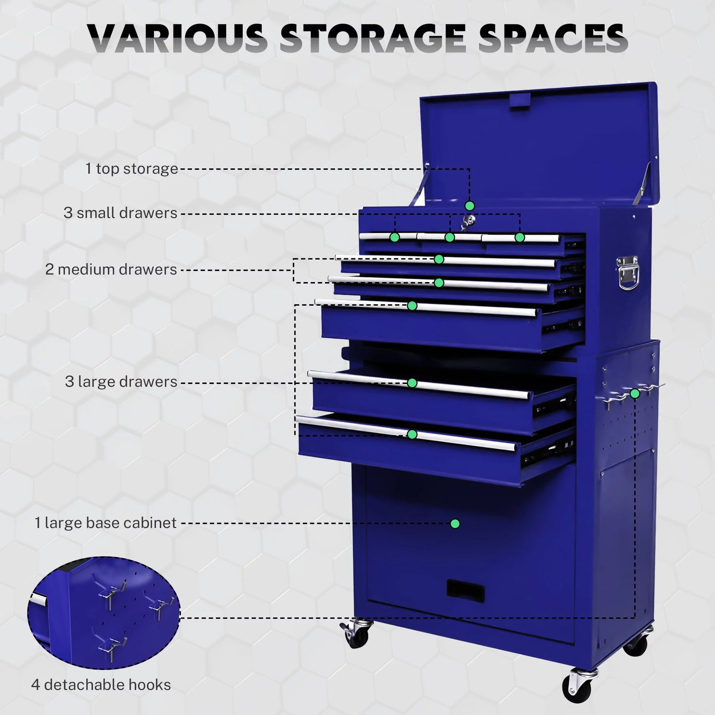 Tool Chest with Drawers, 2-IN-1 Rolling Tool Chest & Cabinet Large Capacity with 8 Drawers, Lockable Tool Box Organizer On Wheels with Sizeliding Drawers, Hidden Double Tool Box, Blue