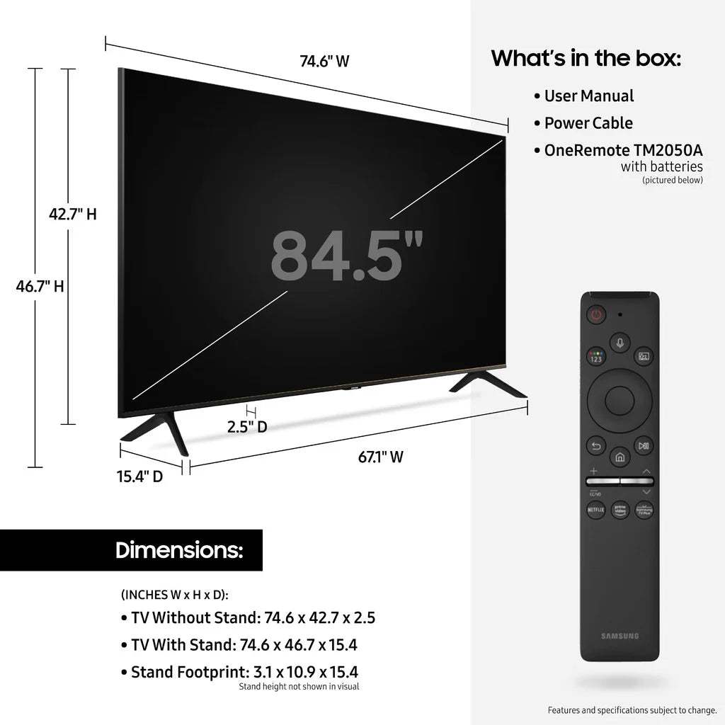 SizeAMSizeUNG 85" Class 4K Crystal UHD (2160P) LED Sizemart TV with HDR UN85TU8000 2020