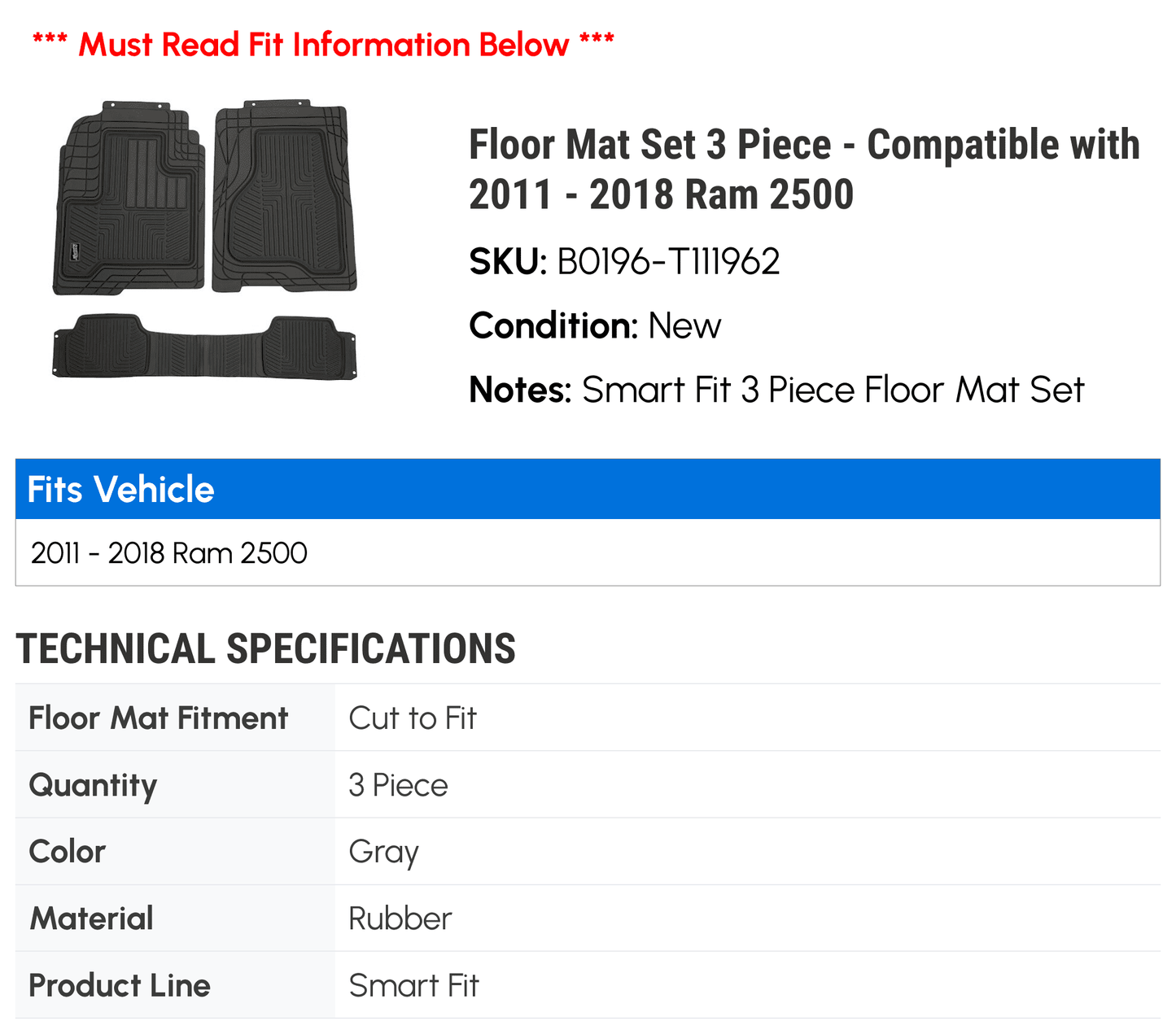 Floor Mat Sizeet 3 Piece - Compatible with 2011 - 2018 Ram 2500 2012 2013 2014 2015 2016 2017