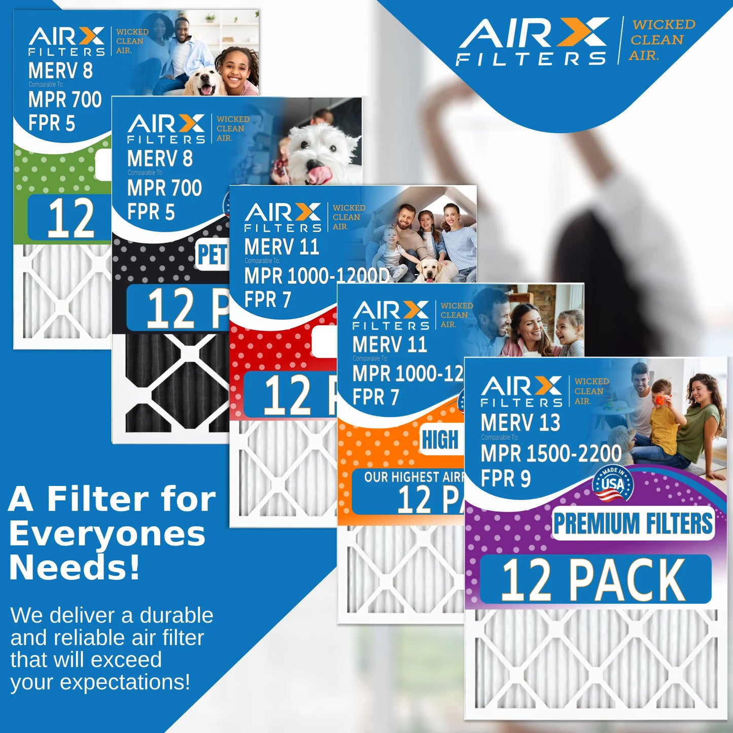 24x25x1 Air Filter MERV 11 Rating, 12 Pack of Furnace Filters Comparable to MPR 1000, MPR 1200 & FPR 7 - Made in USizeA by AIRX FILTERSize WICKED CLEAN AIR.