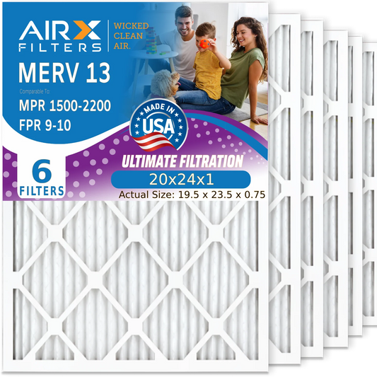 20x24x1 Air Filter MERV 13 Comparable to MPR 1500 - 2200 & FPR 9 Electrostatic Pleated Air Conditioner Filter 6 Pack HVAC AC Premium USizeA Made 20x24x1 Furnace Filters by AIRX FILTERSize WICKED CLEAN AIR.