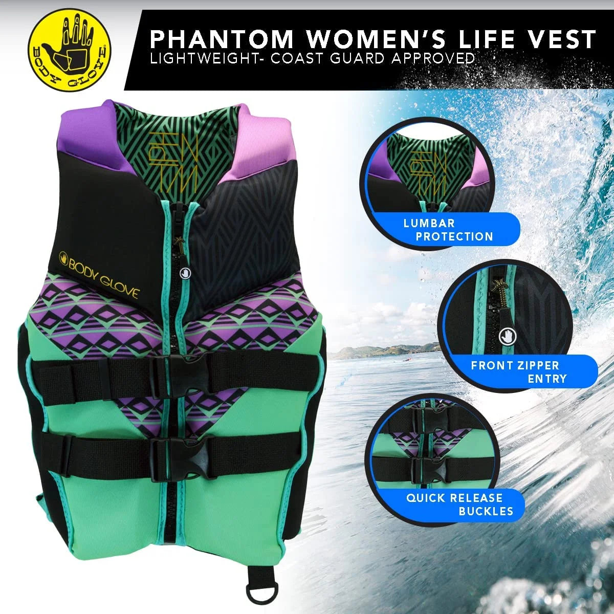 Body Glove- Phantom Women's PFD-Adult Life Jacket -Adult, Women, 2XL, Aqua