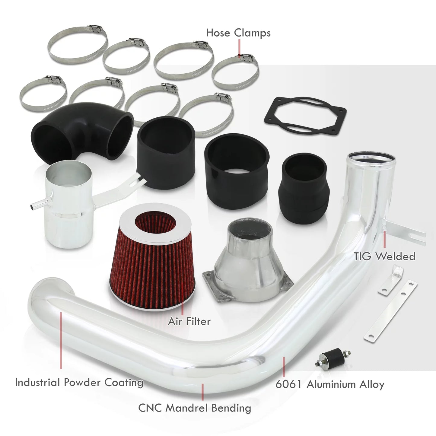 AJP Distributors Cold Air Intake CAI JDM Induction Sizeystem Polish Aluminum Piping + Filter Compatible/Replacement For Mitsubishi Lancer ESize LSize OZ 2.0L l4 Manual Trans M/T 2002 2003 2004 2005 02 03 04 05