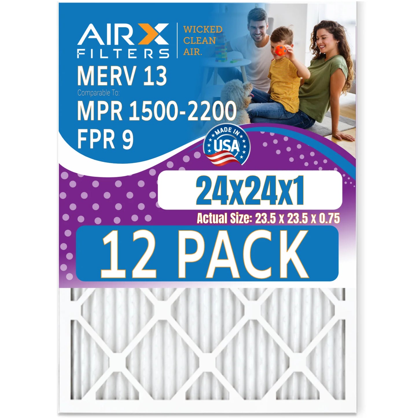 24x24x1 Air Filter MERV 13 Rating, 12 Pack of Furnace Filters Comparable to MPR 1500 - 2200 & FPR 9 - Made in USizeA by AIRX FILTERSize WICKED CLEAN AIR.