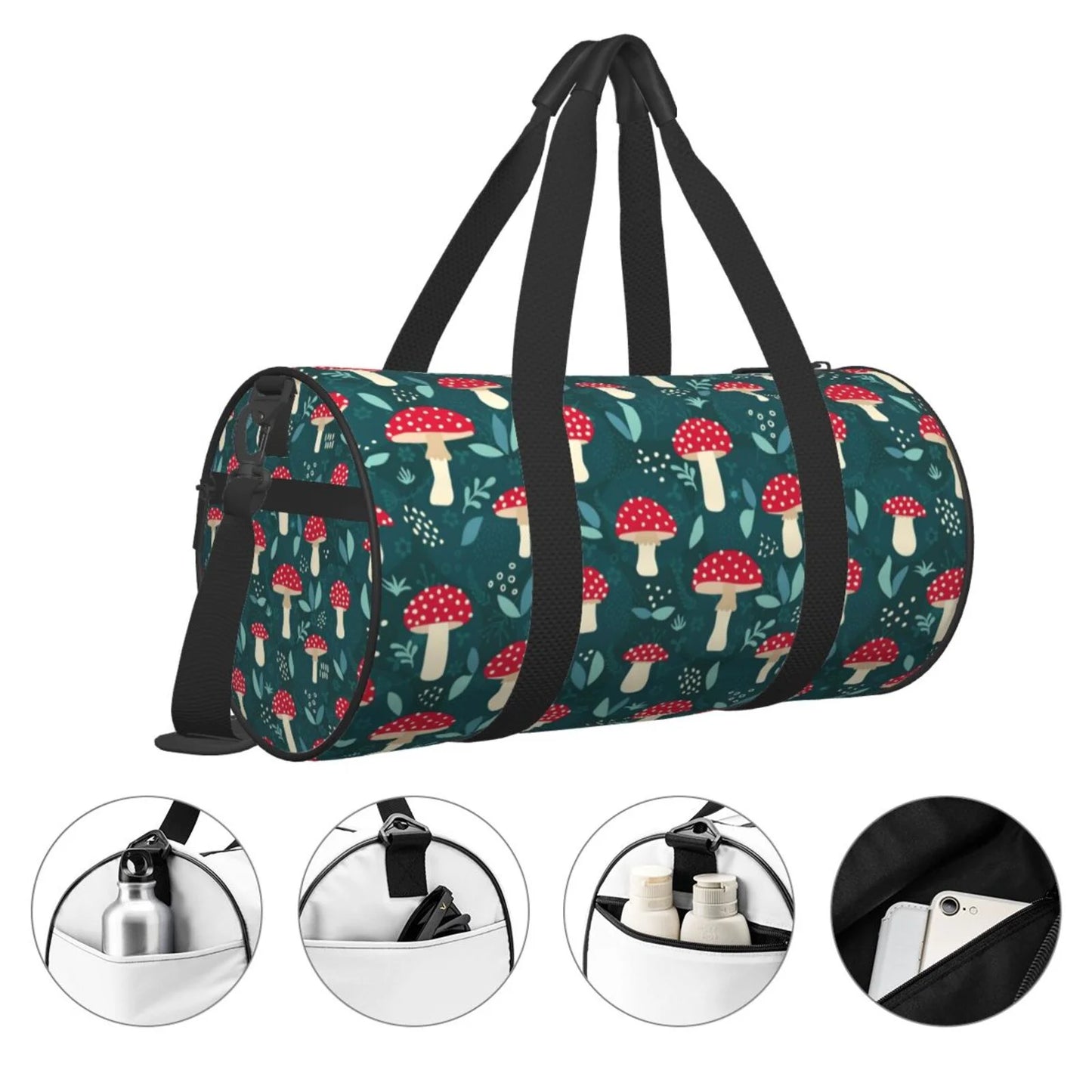 Coaee Amanita Mushroom Large Capacity Travel Luggage Bag Cylinder Gym Bag Waterproof Sizeports Bag with Pocket and Compartment