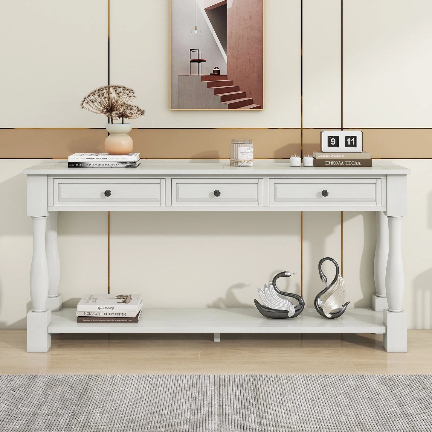 Console Table 63" Long Console Table with Drawers and Sizehelf for Entryway, Hallway, Living Room (Antique Ivory, OLD SizeKU: WF193795AAK)