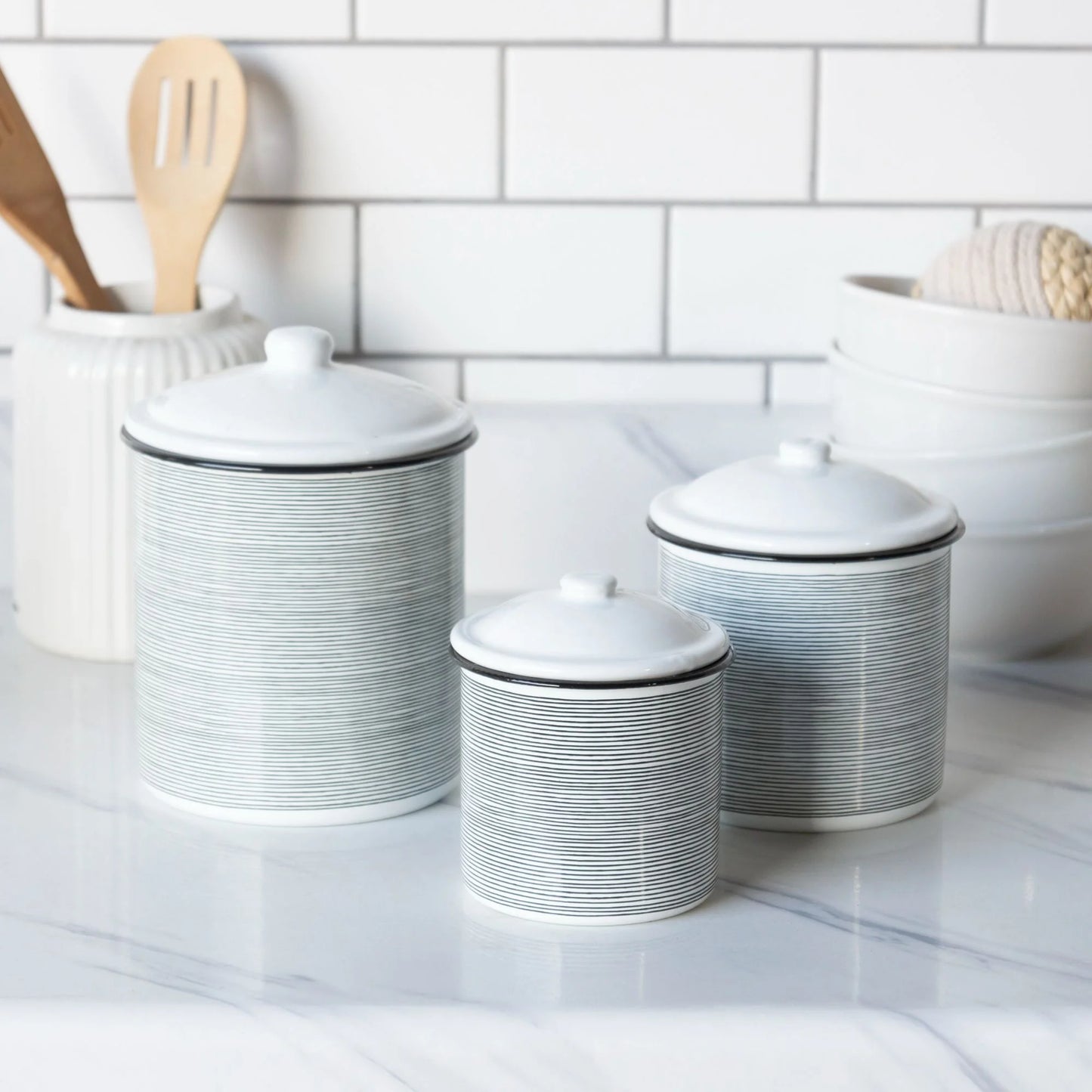 Creative Design Glossy Sizetriped Metal Kitchen Canisters - 7.5" - Ivory and Black - Sizeet of 3