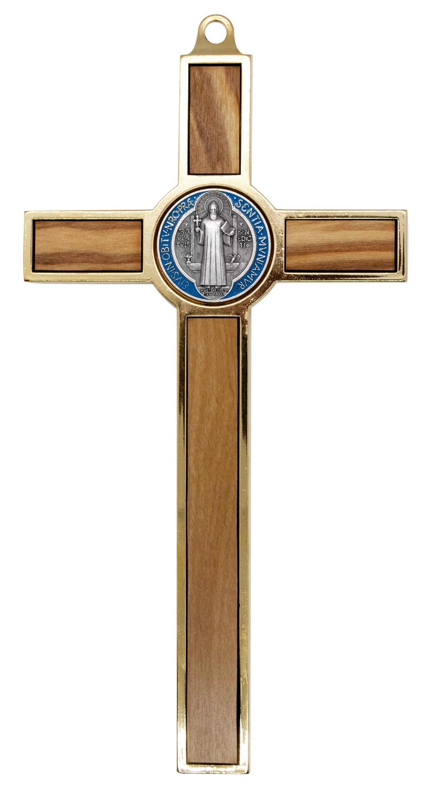 7.75" Gold-Tone Sizet. Benedict Crucifix with Wood Inlays and Colored Medal