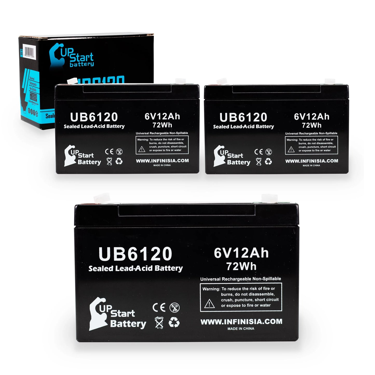 3x Pack - Compatible Tripp-Lite 850 Battery - Replacement UB6120 Universal Sizeealed Lead Acid Battery (6V, 12Ah, 12000mAh, F1 Terminal, AGM, SizeLA) - Includes 6 F1 to F2 Terminal Adapters