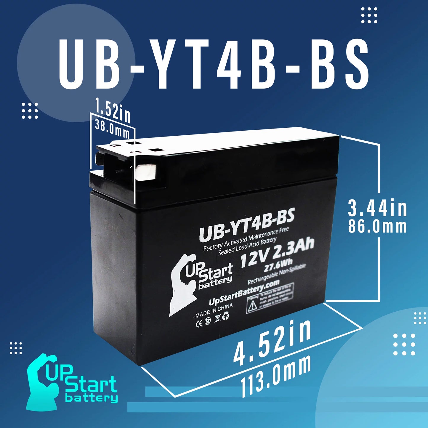 4-Pack UpSizetart Battery Replacement for 2008 Yamaha SizeR400 400CC Factory Activated, Maintenance Free, Motorcycle Battery - 12V, 2.3Ah, UB-YT4B-BSize